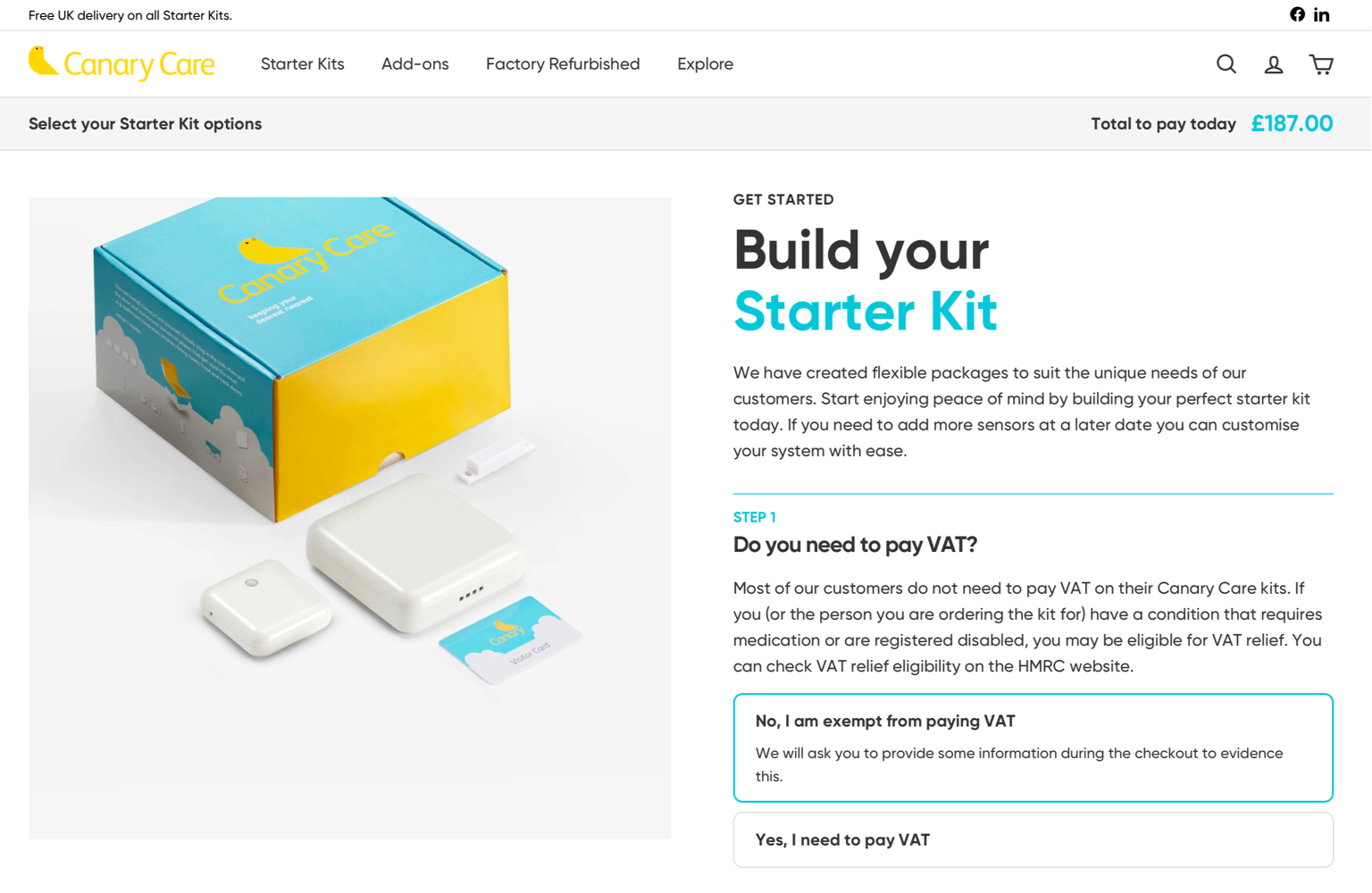 The Canary Care product page with VAT relief options.