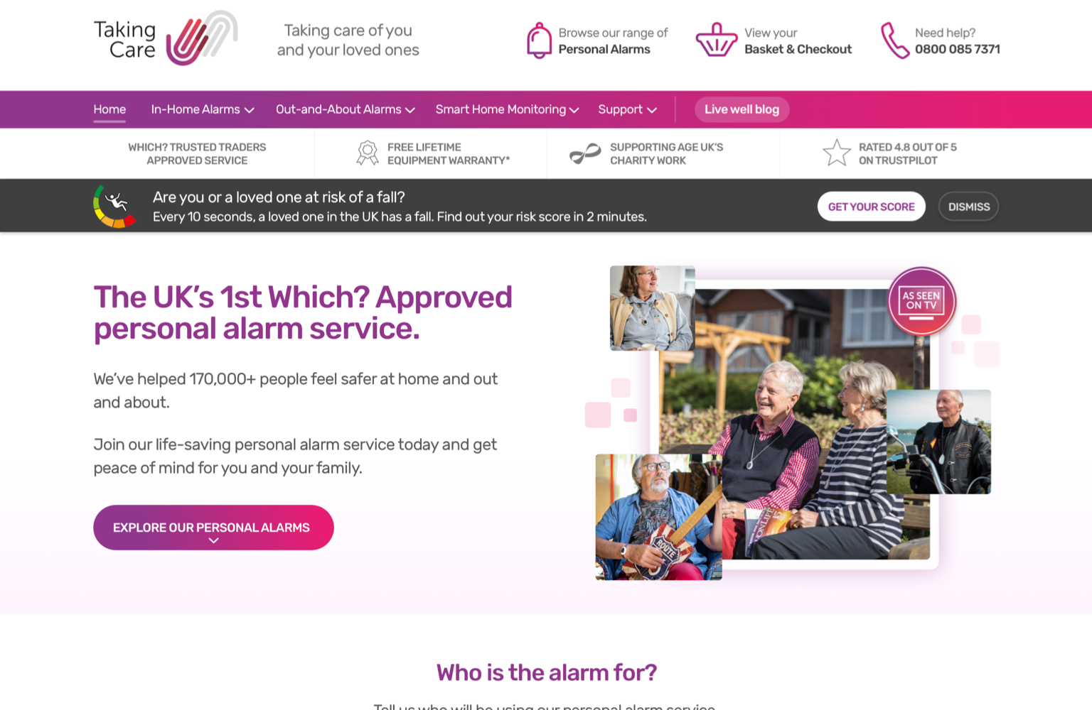 The Taking Care homepage.