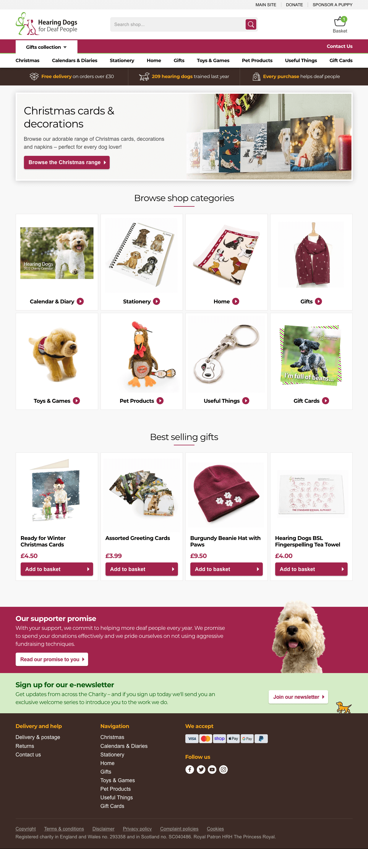 The live Hearing Dogs homepage with customisable sections.